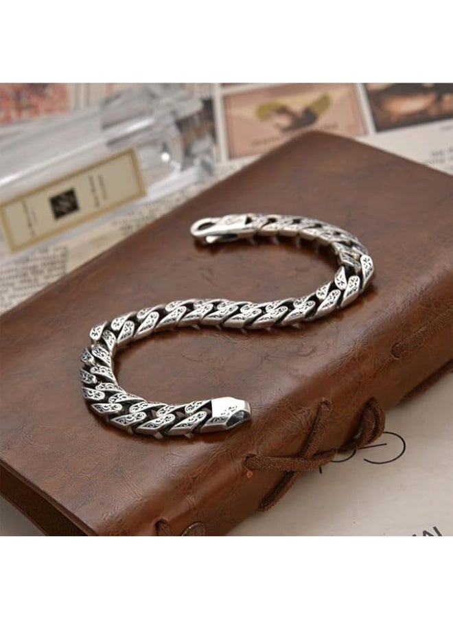 SHOWDAY Men’s Stainless Steel Chain Bracelet, Engraved Cuban Link Silver Tone Bracelet for Men, Heavy Duty Clasp, Vintage Punk Biker Jewelry Gift - Image 4